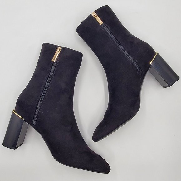 Zara Velvet Booties Gold Trimmed Block Heels - Picture 2 of 16
